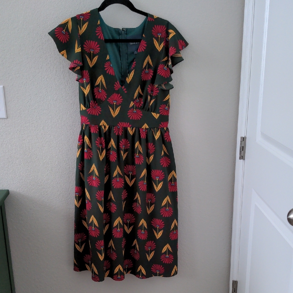 Modcloth Green Midi Dress with Pink and Yellow Floral Design